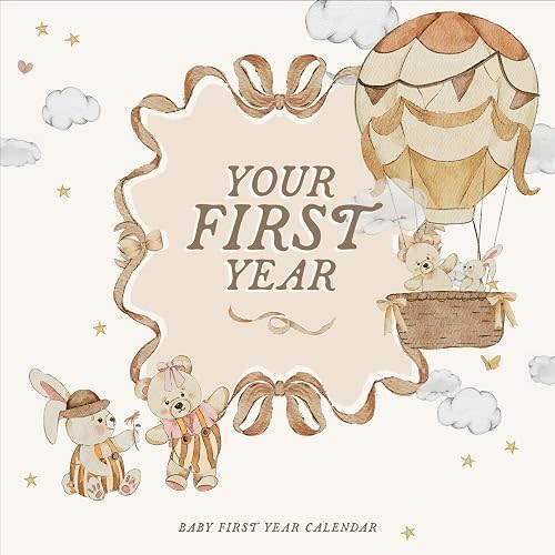 Baby's First Year Calendar with 100 Stickers - Bear Watercolour 1st Years Wall Calendar With Stickers, Baby Tracker, Baby Scrapbook for New Mom and Newborn Boys & Girls