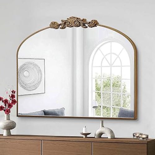 Gold Arched Mirror, 36"x29" Antique Bathroom Mirror with Wooden Frame, Vintage Ornate Baroque Decorative Mirror for Entryway, Fireplace, Living Room