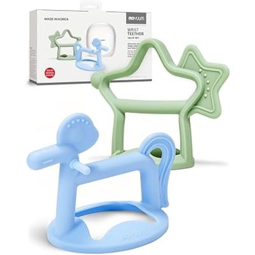 MOYUUM Wrist Teether Gift Set 100% Silicone, Wearable Type Baby Chew Toy Baby Gift for Newborn, Roly Poly Toy, Silicone Teething Toys for Infant and Toddler, Bracelet Type (Star Sage, Pony Blue)