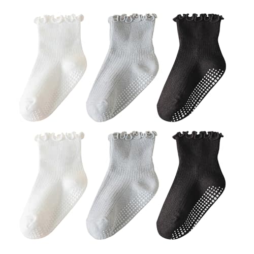 ANYANIME 6 Pairs Toddler Ruffle Socks for Girls Baby Grip Socks Non Slip Socks Cute Grippy Frilly Socks