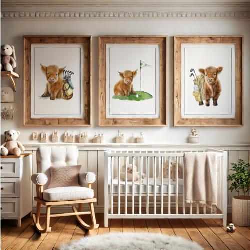 Watercolor Highland Cow Golf Nursery Art Decor, Framed Highland Cow Golfer Prints, Farm Nursery Decor, Cow Nursery Decor, Baby kids gift