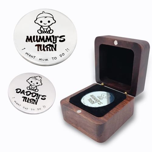 New Baby Gifts for New Parents Mom Daddy Funny Double-Sided Silver Decision Coin with Handmade Wooden Box Pregnant Gifts for First Time Moms Keepsake for Baby Memory