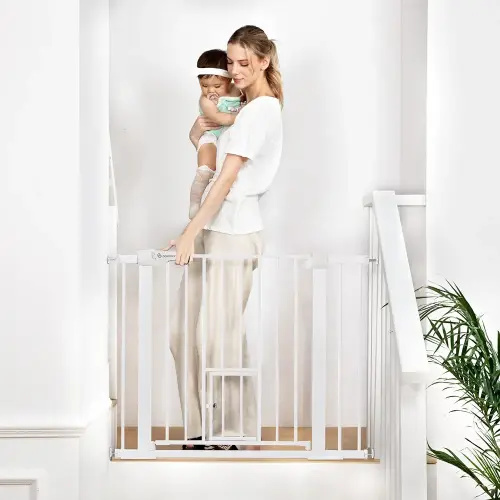 COMOMY 29.5-40.5" Baby Gate with Cat Door, Extra Wide Metal Cat Gate for Stairs Doorways, Auto Close Dog Gate with Pet Door for House, Pressure Mounted Easy Walk Through Pet Gate(30" Tall, White)