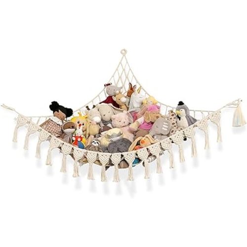 Extra Large Stuffed Animal Hammock with LED Lights 100% Natural Cotton Macrame Toy Storage Net for Plushies & Squishmallows Boho Macrame Corner Organizer for Kids’ Room or Nursery (Beige)