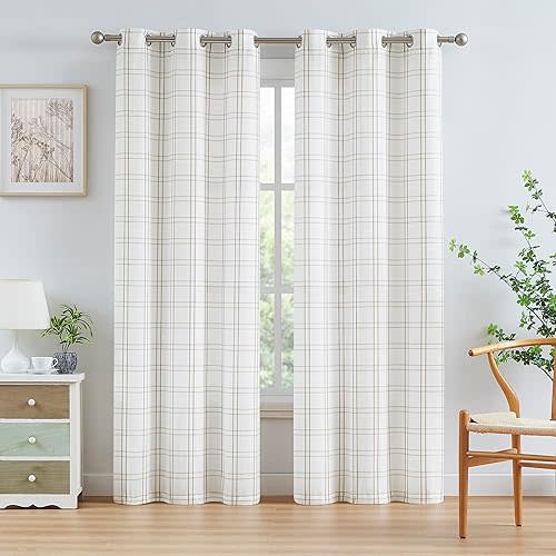 Linen Buffalo Plaid Light Filtering Window Curtains 84 Inches Grommet Linen White Farmhouse Checkered Pattern Panels Geo Trellis Window Treatment for Living Room,Bedroom,40"x84"x2,Tan White