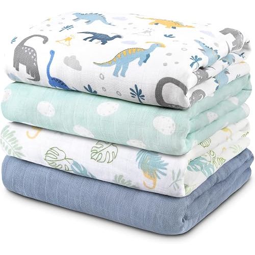 GLLQUEN BABY Muslin Swaddle Blankets 4-Pack Breathable Receiving Blankets (35" x 40") Soft Baby Blankets for Girls and Boys Newborn Essentials Muslin Swaddle Wrap Baby Gift(Dinosaur Era)
