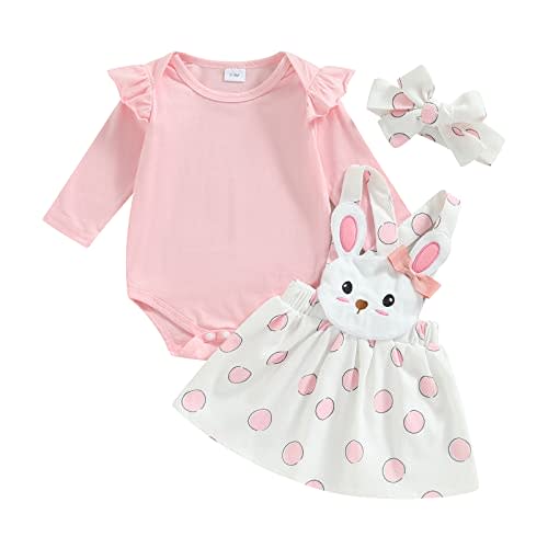 Newborn Baby Girl Pink Bunny Outfit Long Sleeve Romper Rabbit Suspender Skirt Overall Dress Headband My 1st Easter Outfit