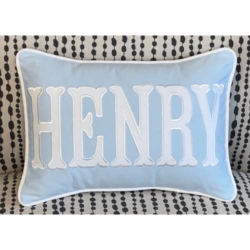 Nursery Pillow with Applique Name, Light Blue and White Long Lumbar Pillow, Insert Included, Many Size Options