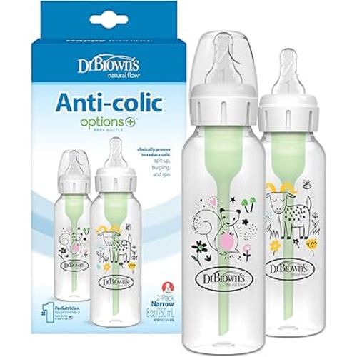 Dr. Brown's Natural Flow Anti-Colic Options+ Narrow Baby Bottle, Squirrel & Goat, 8 oz/250 mL, with Level 1 Slow Flow Nipple, BPA Free, 0m+, 2-Pack