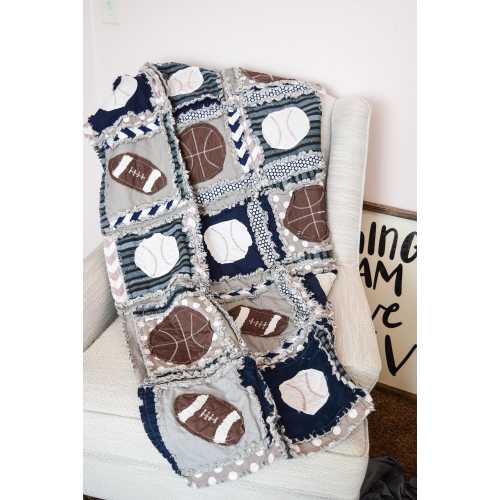 Sports Rag Quilt Modern Boys Blanket | Football, Baseball, Basketball Crib Bedding for Boy Nursery Decor | Baby Shower Heirloom Baby Gift