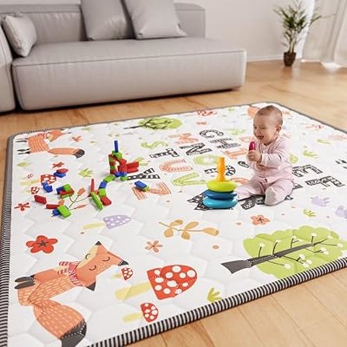 Baby Play Mat 71" X 59" Playpen Mat Waterproof Baby Floor Play Mat Non-Slip Cushioned Baby Crawling Mat Letter Playmats for Babies Toddlers Infants Tummy Time Activity (71X59, Letter Fox)