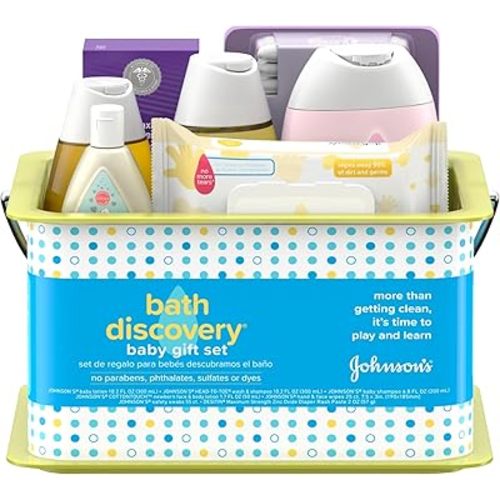 Johnson's Bath Discovery Gift Set for Parents-to-Be, Caddy with Baby Bath Time & Skin Care Essentials, Bath Kit Includes Baby Body Wash, Shampoo, Wipes, Lotion & Diaper Rash Cream, 7 Items