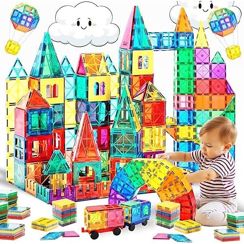 Magnetic Tiles, 100 Pcs Building Tiles Set with 2 Cars. STEM Sensory Educational Magnetic Toys. Construction Magnatiles for Kids Ages 3-9+ Years