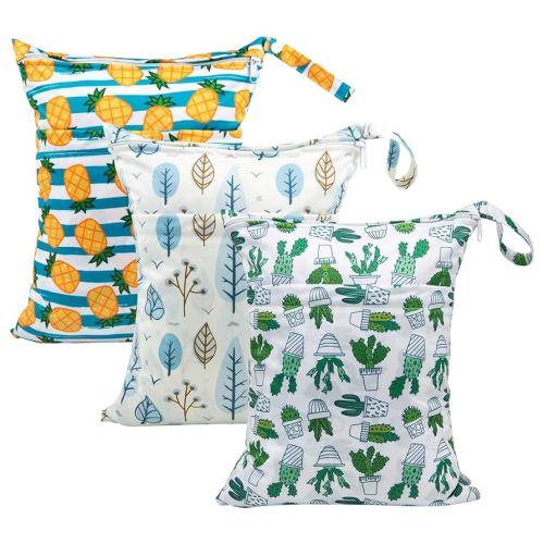 babygoal Wet Dry Bags for Baby Cloth Diapers, Washable Travel Bags, Beach, Pool, Gym Bag for Swimsuits & Wet Clothes with Two Zippered Pockets 3 Pack, 3LN05