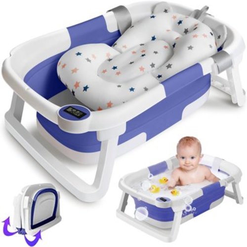 Morfone Collapsible Baby Bathtub, Baby Bath Tub with Soft Cushion & Thermometer, Baby Bathtub Newborn to Toddler 0-36 Months, Portable Travel Baby Tub, Blue