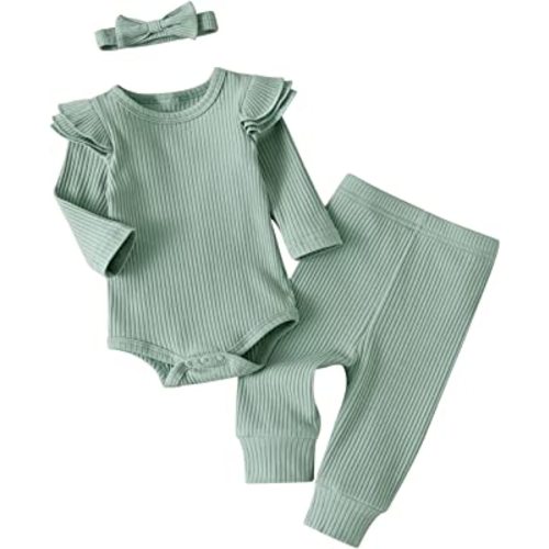 Kulcerry Newborn Infant Baby Girl Clothes Solid Color Ribbed Long Sleeve Romper Pants Headband Outfits Set