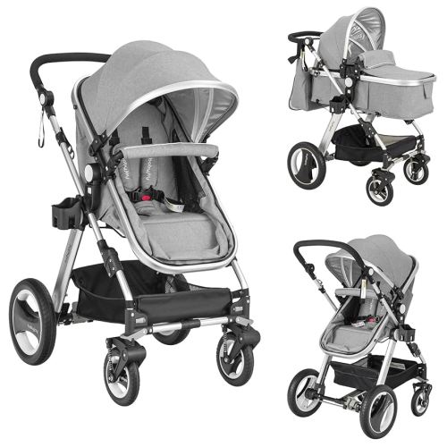 BABY JOY Baby Stroller, 2-in-1 Convertible Bassinet Reclining Stroller, Foldable Pram Carriage with 5-Point Harness, Including Cup Holder, Foot Cover, Diaper Bag, Aluminum Structure, Gray