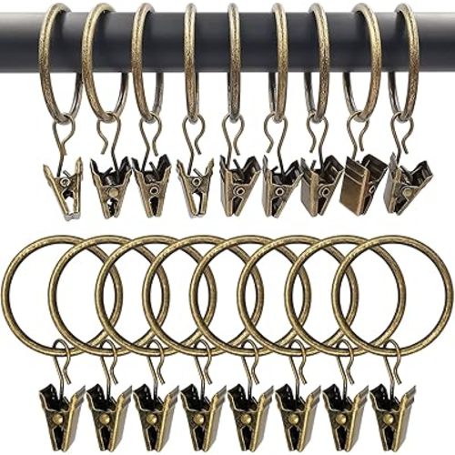 100 Pack Bronze Curtain Rings with Clips, Curtain Hooks Hangers Clip Rings for Hanging Drapes Bows Hat, Drapery Rings 1.26 in I D, Fits up to 1 in Diameter Curtain Rod.