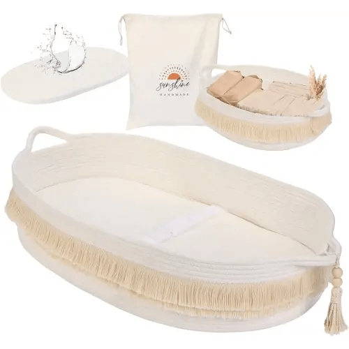 Baby Changing Basket with Pads and Safety Belt- 100% Cotton Boho Baby Moses Basket Changing Table and Thick Pad with Waterproof Mattress Cover, Nursery Decor in Brown and White Color with Storage Bag