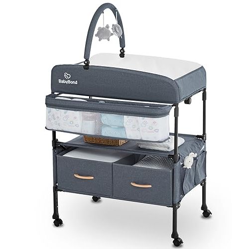 BabyBond Portable Baby Changing Table with 2 Storage Baskets, Foldable Diaper Changing Table Dresser Waterproof Height Adjustable Changing Station for Infant and Newborn(Grey)