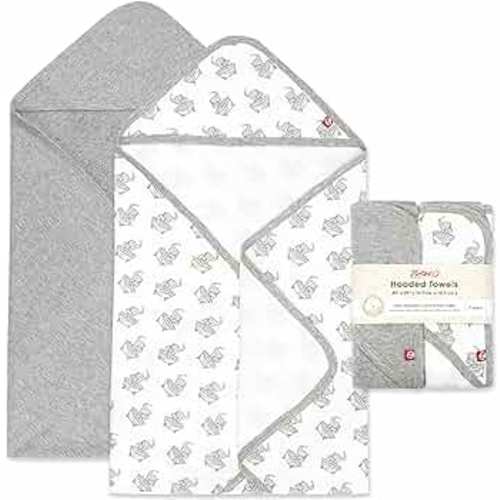 Zutano Hooded Baby Towels, Organic Cotton Baby Bath Towel, Ultra Soft and Absorbent Baby Towel for Newborn and Infant | Girl, Boy, and Unisex Towel Set, Elephant Bath Time, 2-Pack