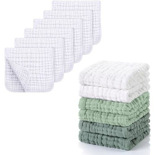 Looxii Muslin Burp Cloths 6 Pack 20x10 in & 6 Pcs Muslin Baby Washcloths 12x12 in