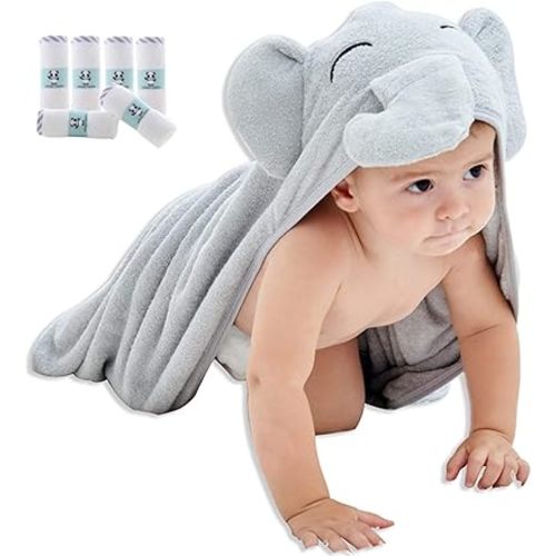 HIPHOP PANDA Baby Washcloths, 6 Pack and Baby Hooded Towel, Grey Elephant, 30 x 30 Inch