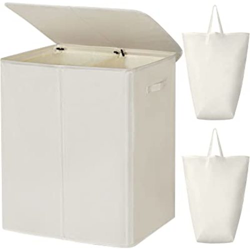 WOWLIVE 154L Double Laundry Hamper with Lid and Removable Laundry Bags, Large Dirty Clothes Hamper 2 section Collapsible Laundry Basket Dorm Room Storage for Bedroom, Bathroom, College,Beige