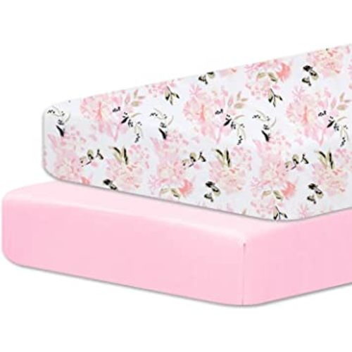Pack N Play Sheets, 2 Pack Mini Crib Sheets Fits Standard Size 38" X 26" Playard Mattress, Soft and Breathable, Playard Fitted Sheet, Pink Floral & Solid Pink