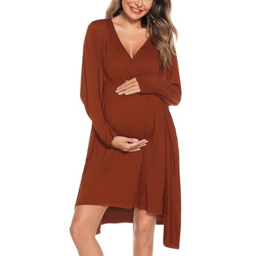 SWOMOG Women Maternity Nursing Gown and Robe Set 3 in 1 Labor Delivery Nursing Nightgown for Breastfeeding Hospital Bathrobe