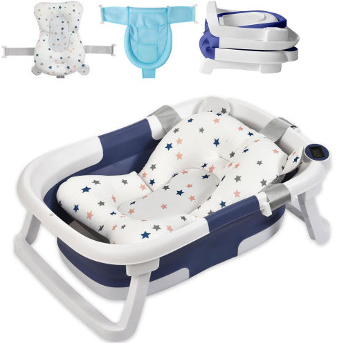 TOPCHANCES Collapsible Baby Bathtub with Thermometer,  Newborn Baby Shower Tub + Baby Tub Cushion + Bath Net, Portable Baby Folding Bathtub for 0-36 Month Newborn (Blue)