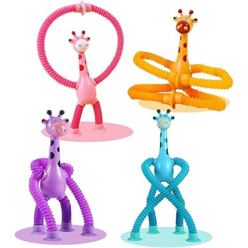 Telescopic Suction Cup Giraffe, 4 Pack Pop Tubes Giraffe Fidget Toys, Animal Autism Sensory Toy for Toddlers, Travel Essential, Educational Classroom Treasure Box, Stretchy Robots Party Favors