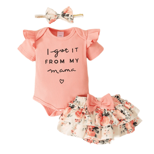 PatPat 3pcs Baby Girl 95% Cotton Short-Sleeve Letter Print Romper & Floral Print Layered Ruffled Shorts & Headband Set,0-18 Month