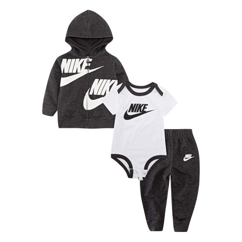 Nike Baby Boys Full Zip Hoodie, Short Sleeve Bodysuit & Pants 3 Piece Set (Black Heather(5UF468-K08)/White, 3 Months)