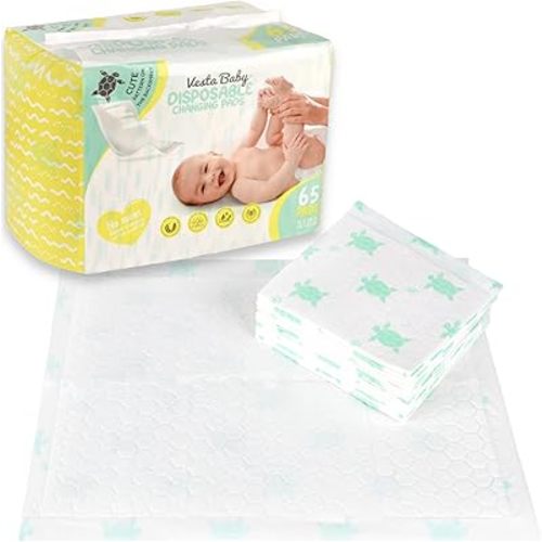 Vesta Baby 65 Disposable Changing Pads - Soft Absorbent Leak Proof Pee Mats - White Portable Diaper Change Underpads for Bed & Table Protection - 15" x 20" Waterproof Liners