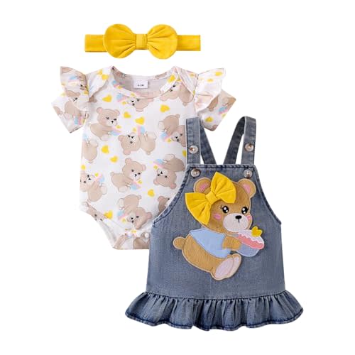 CETEPY Baby Girl Clothes Suspender Skirt Newborn Ruffle Romper Cute Bear Jeans Dress Bow Headband Summer Outfits 0-18 Months