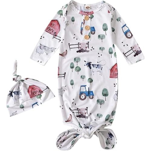 AMAWMW Newborn Baby Boys Girls Cartoon Sleeper Gown Long Sleeve Mountain Nightgown Hat Outfits