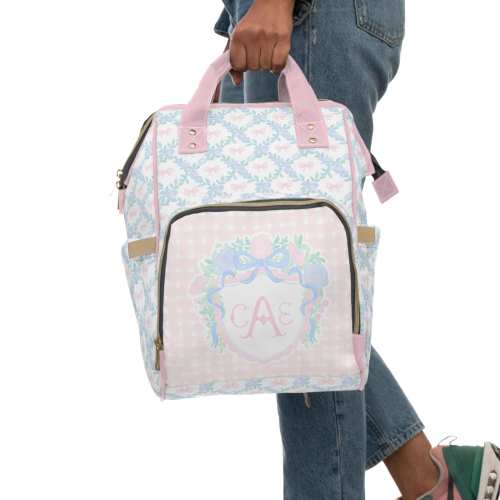 Monogrammed Crest Baby Girl Diaper Bag, Backpack, Pink Nursery Decor, Grandmillenial Baby Girl Shower Gift, Granny Chic Nursery, Plaid