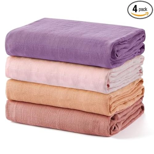 Momcozy Muslin Swaddle Blankets, 4-Pack Breathable and Skin-Friendly Receiving Blankets, Swaddle Blanket Shower Gifts & Baby Registry Essentials, Large 47"x47", Muted Purples