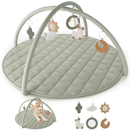 Beautiful Baby Play Gym and Tummy Time Mat - Soft Cotton Mat with 6 Cute Toys Creates The Perfect Activity Area for Your Girl/Boy - Stylish Infant Floor Playmat Fits Nicely with Any Playroom Decor - Sage Green