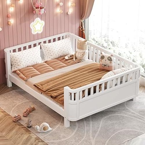 DNYN Full Size Montessori Floor Bed with Safety Rails for Kids Bedroom,Low Profile Wooden Platform Bedframe,Space Saving Design & Easy Assembly & No Box Spring Needed,for Girls and Boys, White
