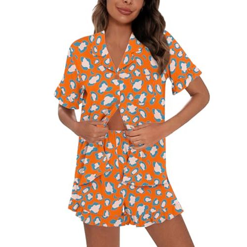 SWOMOG Woman Pajama Set Short Sleeve Pjs Set 2Pcs Short Pajamas Button Down Ruffle Hem Sleepwear Soft Modal Loungewear