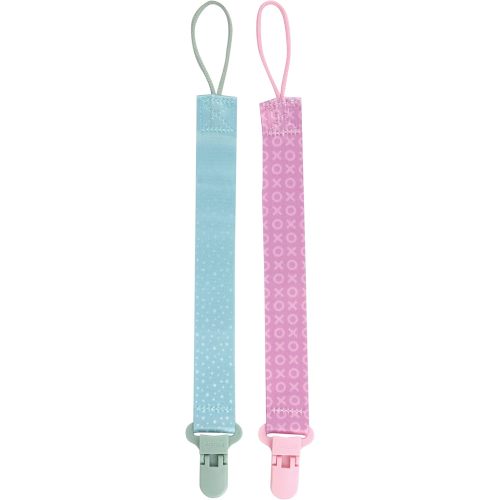 Nuby Pacifinder Baby Pacifier Clip - (2-Pack) - Pacifier Holder Clip with Convenient Hook Loop - Green Dots and Pink XOs