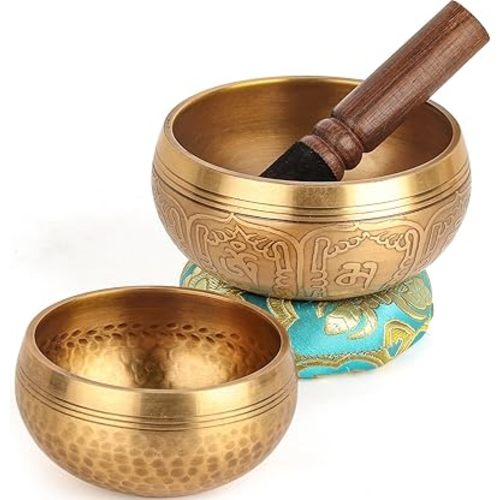 2-Pack Tibetan Singing Bowls Set - 100% Handmade in Nepal, Sound Bowl Meditation Set for Yoga, Chakra Healing, Meditation Gifts, Unique Gifts for Women (Blue, 3.15 + 4 inch)
