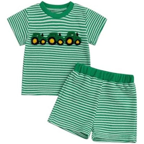 Toddler Baby Boy Summer Clothes Farm Tractor Embroidery Waffle Short Sleeve T-shirt Striped Short Set Country Outfit