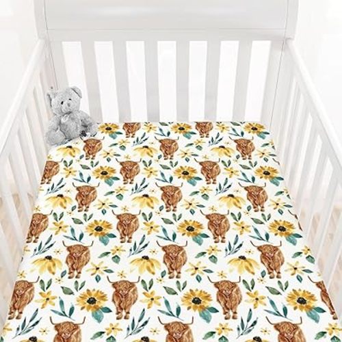 HawSkgFub Highland Cow Sunflower Fitted Standard Crib Sheet for Baby Girl, Fall Western Farm Animal Yak Flower Toddler Mattress Cover, Soft Stretchy Nursery Bed Sheets Floral Decor Kids Gift 52" x 28"