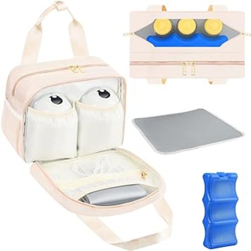 PIIOSER Breastmilk Cooler Bag with Ice Pack, Compatible with Wearable Breast Pumps & Accessories - Portable Pumps Carrying Case for Nursing & Working Moms, Cream