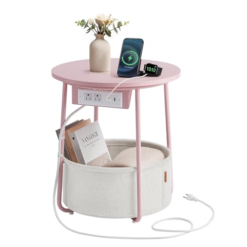 VASAGLE LILEA Collection - Side Table with Charging Station, Round End Table with Fabric Basket, Nightstand with USB Ports, for Living Room, Bedroom, Modern, Jelly Pink and Cream White ULET228R01