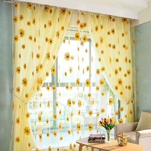 2PCS Sunflower Curtains Yellow Sheer Window Curtains with 2 Curtain Tiebacks Rope for Bedroom Living Room Kitchen Decor, Rod Pocket Window Treatments W39 x L79