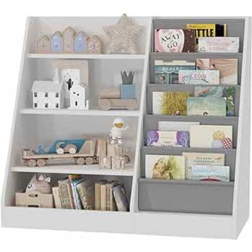 White 4 Tier Kids Wooden Bookshelf, Five Layer Sling Bookcase, Kids Storage Book Rack, Book and Toy Organizer Cabinet, Book Display, for Playroom, Bedroom, Study Living Room, Nursery,Classroom